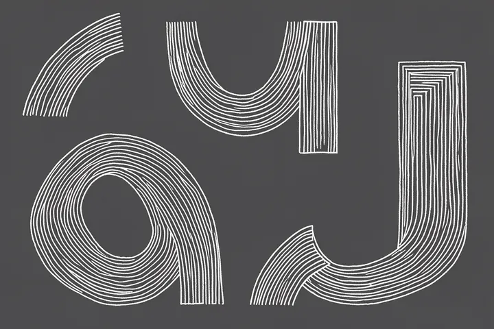 Curved Pathways. Parallel white lines bend into looping and angular paths across a charcoal-gray field.