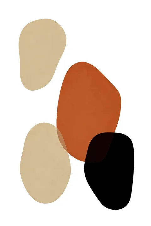 Organic Shapes in Earthy Tones. Four smooth organic shapes in sand, beige, rust, and black are spaced across white.
