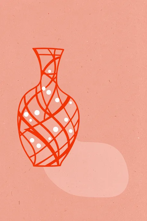Vase 4. A red-orange line drawing of a patterned vase with white dots sits on a textured peach field.