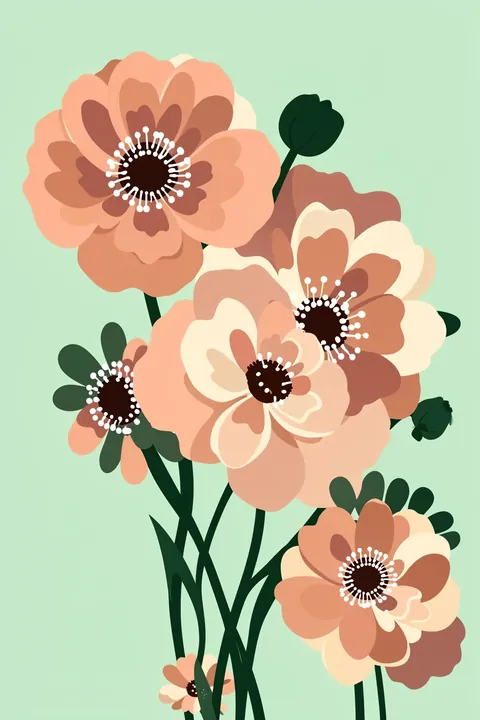 Blush Pink Poppies. Stylized blush and peach poppies with dark centers and green stems fill a pale mint background.