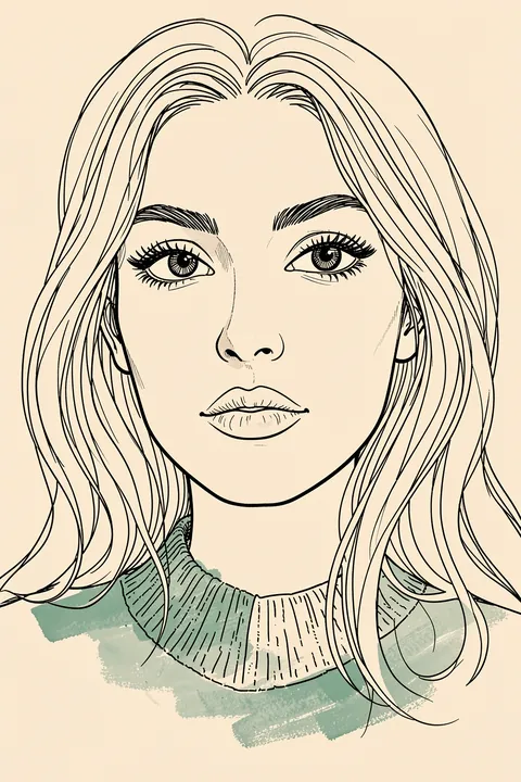 Serene Woman Line Art. A fine black line drawing shows a woman with long hair wearing a muted green high-neck top.