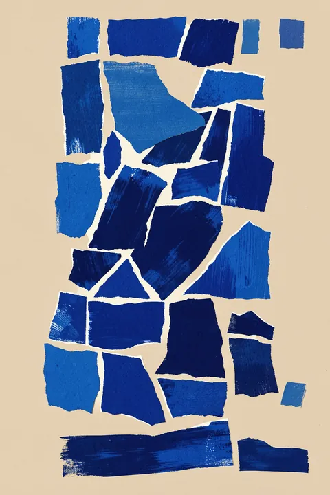 Pieces 24X. Irregular blue painted paper-like pieces form a dense collage on warm beige.