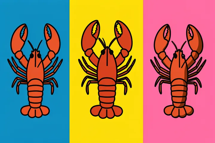 Colorful Pop Lobsters. Three orange lobsters with black outlines appear on separate blue, yellow, and pink panels.