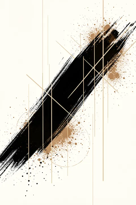 Dark Brushstroke Abstract. A bold black diagonal brushstroke crosses an ivory field with scattered tan speckles and fine lines.