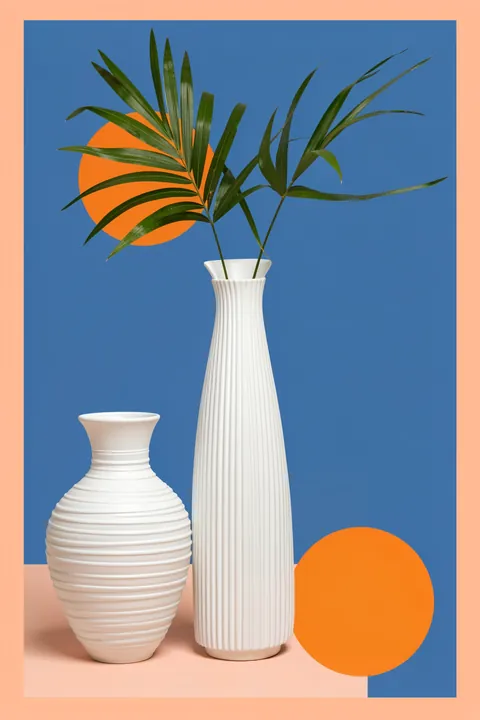 Blue Oasis Vases. Two white ribbed vases with long green leaves stand before a blue panel with orange circles.