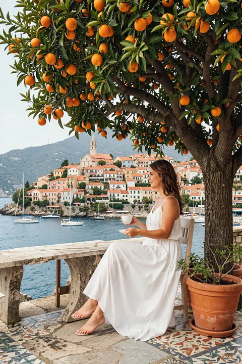 Travel poster woman in Mediterranean coast. A seated woman in a white dress rests beneath an orange tree beside a blue sea and hillside village.