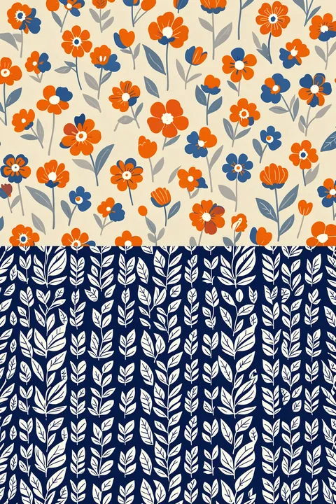 Museum of Fine Arts Stockholm. Orange and blue flowers repeat above a dense navy-and-white botanical leaf pattern.