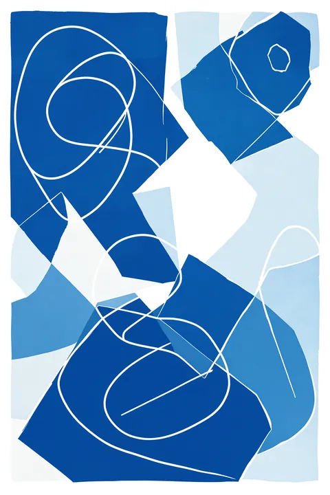 Abstract Blue Flow. Irregular cobalt and sky-blue shapes overlap beneath loose white looping lines in this abstract composition.