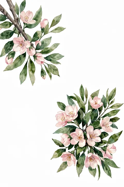 Bloom. Watercolor branches with soft pink blossoms and green leaves frame open white space.