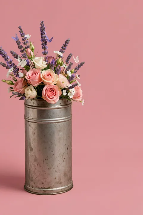Flowers In a vintage Can. Pink and ivory roses, white blossoms and lavender stems form a bouquet in a tall weathered metal can against a rose-pink background.