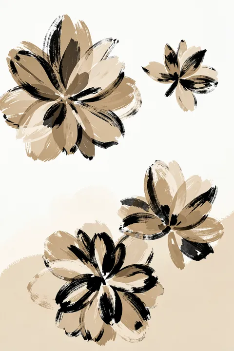 Summer View. Loose black, cream and tan brushstrokes form three large flower-like shapes on an off-white ground.
