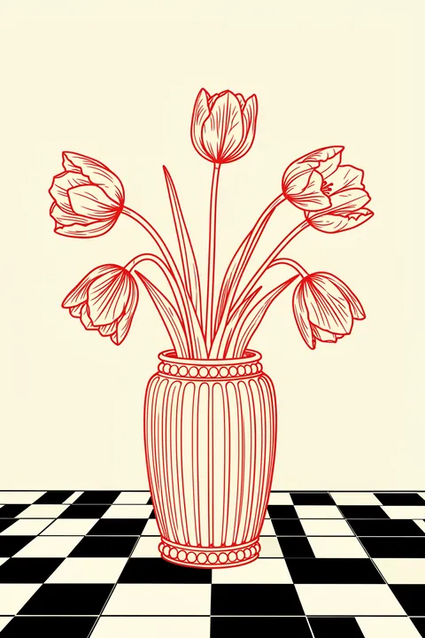 Drooping Tulips Still Life. A red line drawing of upright and drooping tulips in an ornate vase stands on a black-and-cream checkerboard floor.