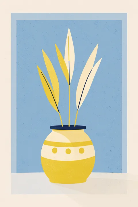 Vibrant Potted Plants. A simple yellow-and-cream potted plant sits before a blue rectangular panel on a pale beige surface.