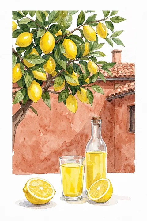 Summer Italian Limoncello. A watercolor lemon tree laden with fruit stands beside a terracotta house, with a bottle, glass and sliced lemons below.