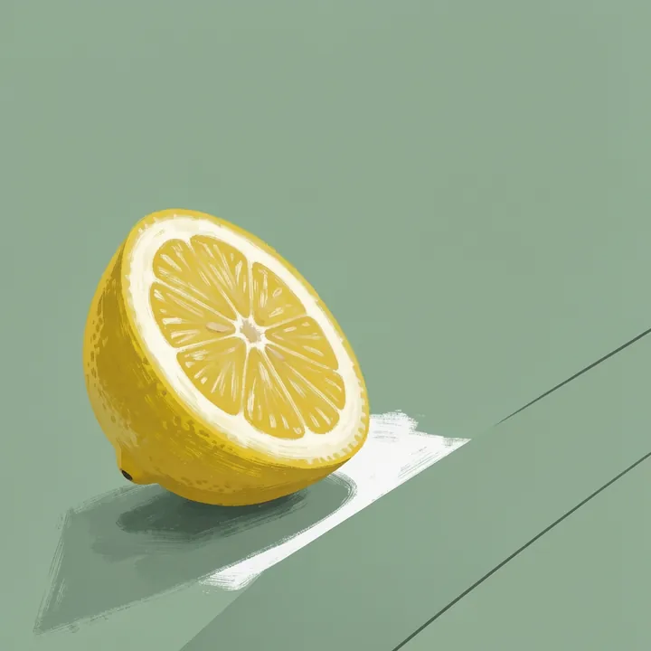 Vibrant Lemon Slice. A single cut lemon rests on a white cloth against a muted sage-green background.