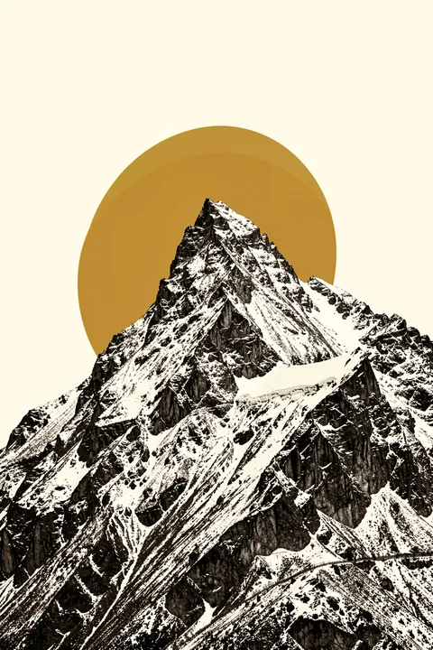 Golden Mountain Peak. A sharply detailed snow-covered mountain rises in front of a large ochre-gold circle on a pale cream ground.