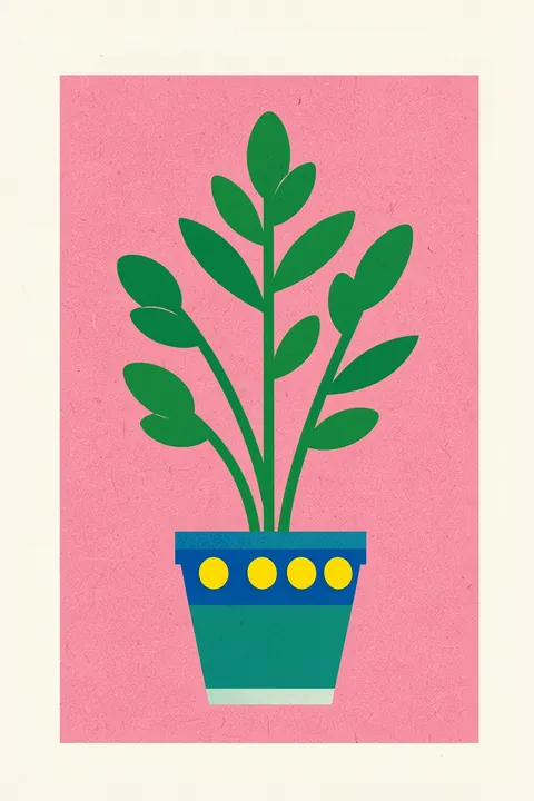 Fresh Potted Houseplant. A graphic green houseplant in a blue-and-teal pot is centred on a textured pink rectangular panel.