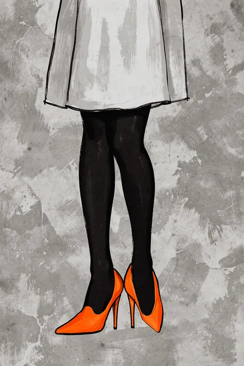 Big Shoes To Fill. A cropped fashion illustration shows black-stockinged legs in vivid orange high heels against a grey textured background.