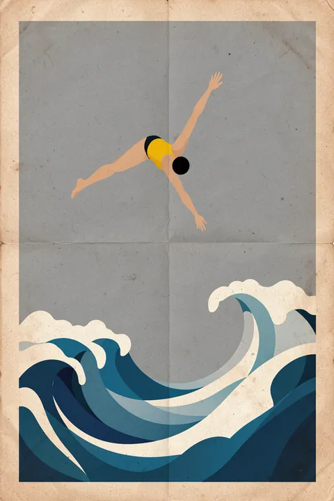 Woman Diving Ocean Waves. A swimmer in a yellow suit dives above layered blue waves in a weathered, paper-like frame.