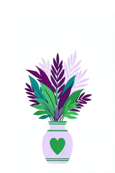 Soft Botanical Vase. Stylised teal, green and purple leaves fill a pale lavender vase decorated with a green heart.