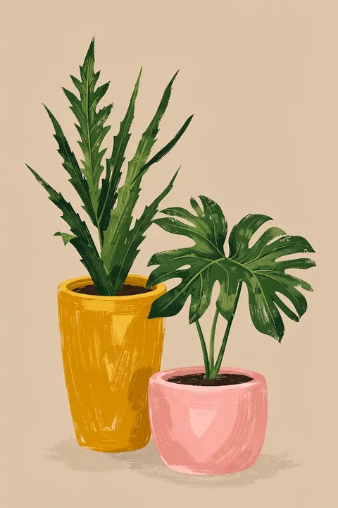 Planted. Two leafy houseplants in ochre and pink pots stand together against a warm beige background.