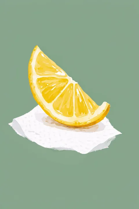 Tropical Mango Slice. A yellow lemon wedge rests on a white cloth, casting a soft shadow across a muted sage-green background.