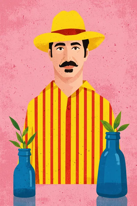 Striped Reflection. A moustached figure in a yellow hat and striped shirt stands between two blue bottle-shaped planters against a pink backdrop.