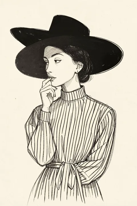 Portrait of a Woman 1910. A fine monochrome line drawing depicts a woman in a wide-brimmed black hat and belted, vertically striped dress.