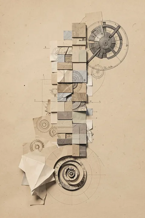 Vintage Geometric Study. A sepia-toned collage of stacked geometric paper forms, technical circular diagrams and gear sketches sits on aged beige paper.