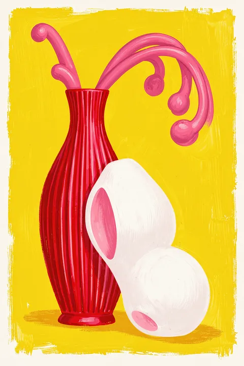 Floral Rhythm. Sculptural pink curling stems rise from a ribbed red vase beside a rounded white vessel on a vivid yellow ground.