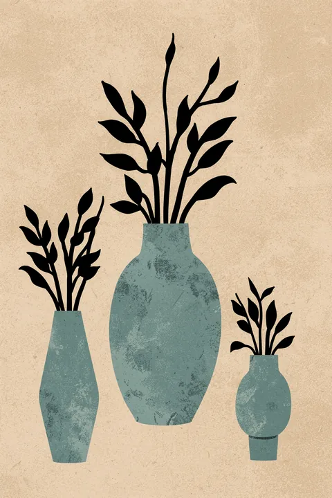 Vases No7.. Three teal vases hold bold black leafy stems on textured tan paper.
