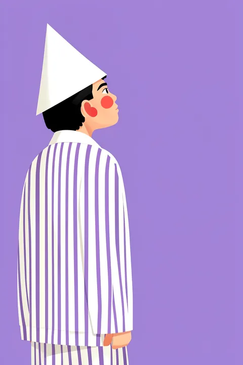 Whimsical Bonnet Woman. A stylised woman in profile wears a tall white bonnet and a white coat with purple stripes against a lilac background.