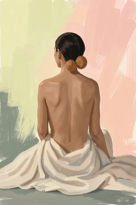 Woman Posing. A seated woman is viewed from behind, draped in white fabric against broad pastel brushstrokes.