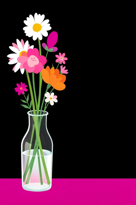 Flowers glow in the dark. Bright pink, orange and white graphic flowers stand in a clear vase against black, above a vivid magenta band.