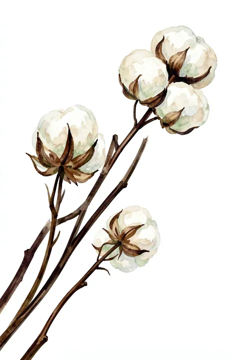 Fluffy Cotton Branches. Watercolor branches bearing soft white cotton bolls and brown husks angle across a white ground.