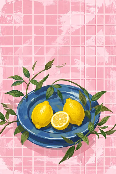 Fresh Lemons Blue Plate. Three lemons sit on a blue plate surrounded by green leaves against a pink, brush-textured grid.