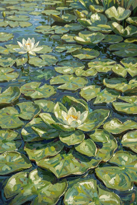 Water Lilies 1915. An impressionistic pond is filled with overlapping green lily pads and scattered white water lilies.