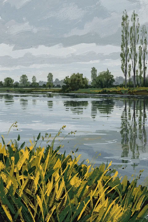 Banks Of The Seine. A painted river landscape shows reflective water, a tree-lined far bank and tall grasses in the foreground.