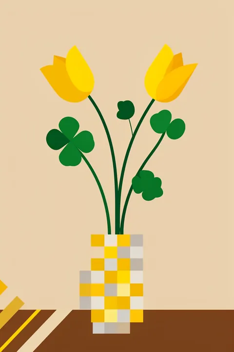 Yellow Tulips Geometric Vase. Two bright yellow tulips and rounded green leaves emerge from a block-patterned yellow, cream and taupe vase.