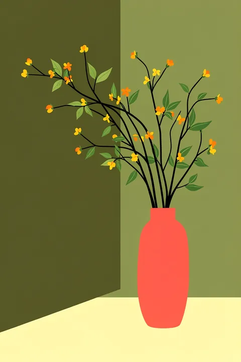 Still Life 03. Fine flowering branches with small yellow and orange blossoms fan out from a coral-red vase against olive-green walls.