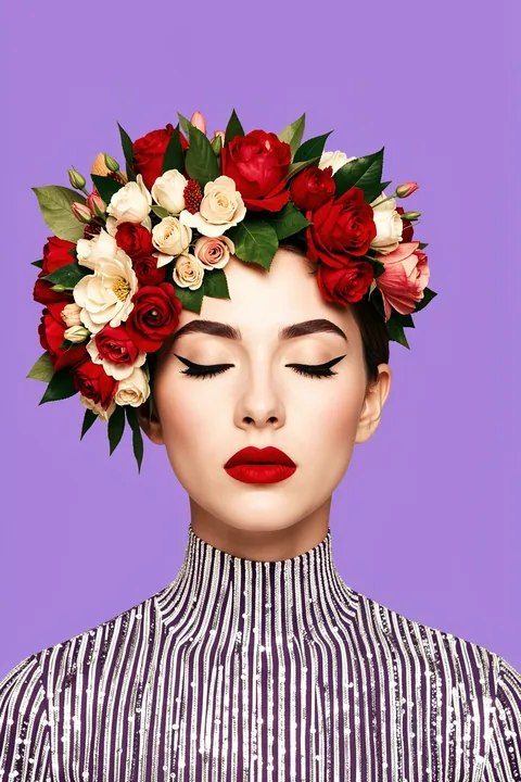 Frida (Purple). A woman with closed eyes and red lipstick wears a crown of red and cream roses against a purple background.