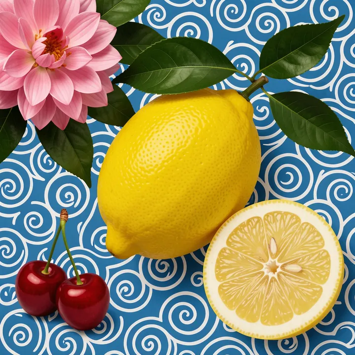 Vibrant Lemons And Cherries. A whole lemon, a lemon half and two red cherries sit beneath a pink blossom on a blue-and-white patterned ground.