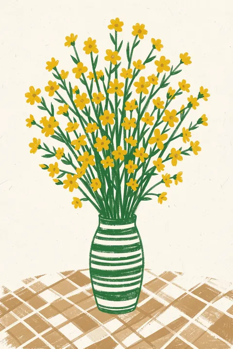 Botanical Vase Checkered Table. Many small yellow flowers fill a green-and-white striped vase set on a pale checkered tabletop.