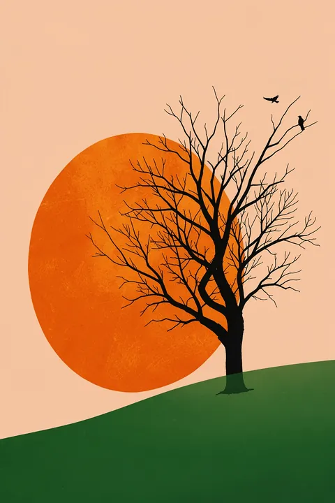 Sunset Memories. A bare tree and two birds are silhouetted against a large orange sun above a sloping green hill.