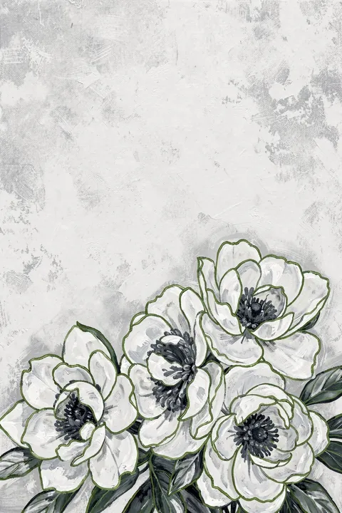 Soft White Peonies. Large white peony-like flowers with dark centres and grey-green leaves fill the lower portion of a pale textured ground.