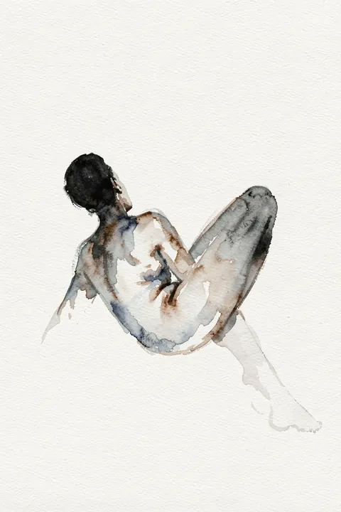 Crouching Nude In Shoes and Black Stockings 1912. A muted watercolor study of a seated, bent-forward nude figure, rendered in soft grey and warm tones on textured off-white paper.