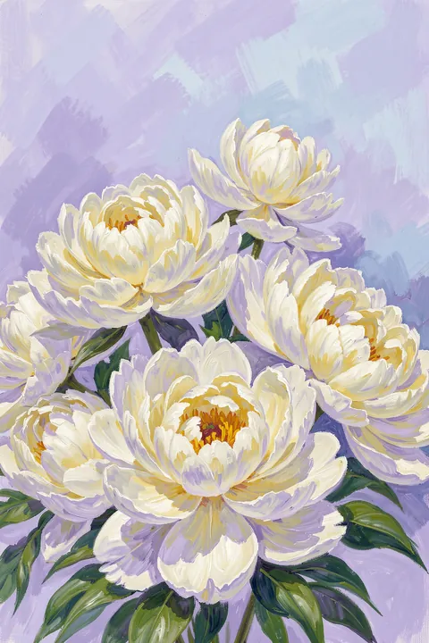 Soft Peony Blossoms. Creamy white peony blossoms with yellow centres and dark green leaves form a dense cluster against pale lavender.