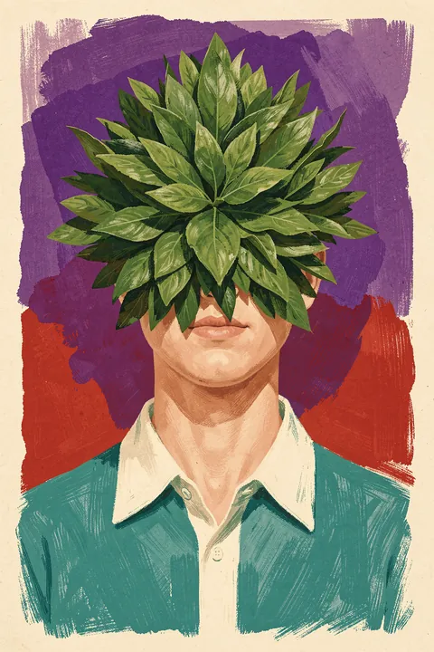 Enigmatic Botanical Portrait. A painted bust in a teal jacket has its face largely hidden by dense green leaves, set against a rough red-purple background.