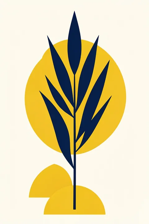 Copenhagen 1978 Study No.5. A navy botanical silhouette rises before a bright yellow circle and smaller golden shapes on cream.