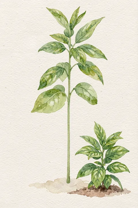Watercolor Basil Herb. Two watercolor basil plants, one taller than the other, grow from a small patch of soil on textured off-white paper.
